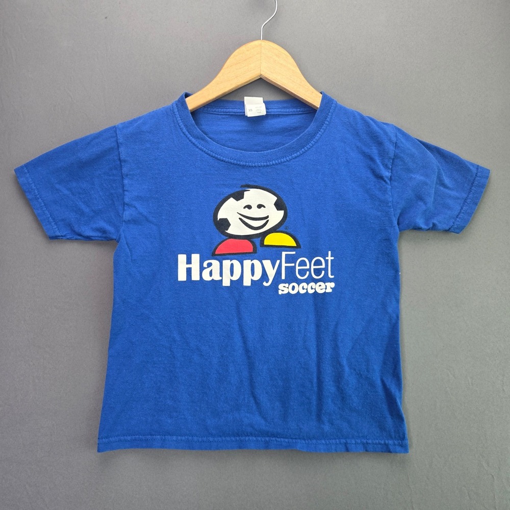 Fruit of the Loom HappyFeet Soccer T-Shirt Youth XS Blue Graphic Tee Cotton 3790